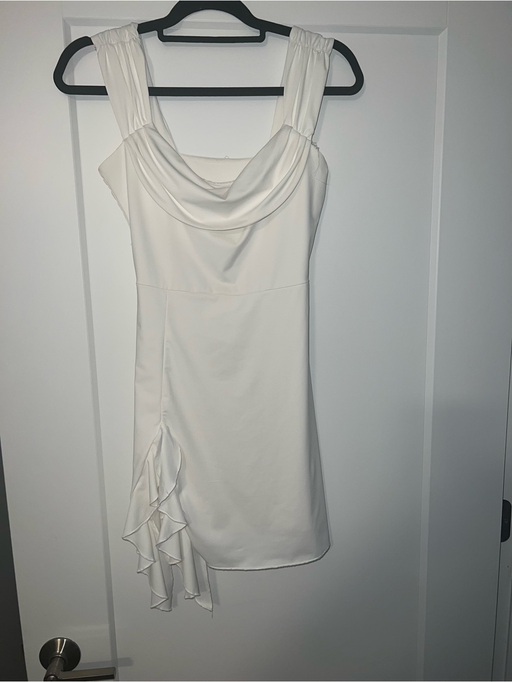Elegant White Cowl Neck Ruffle Mini Dress